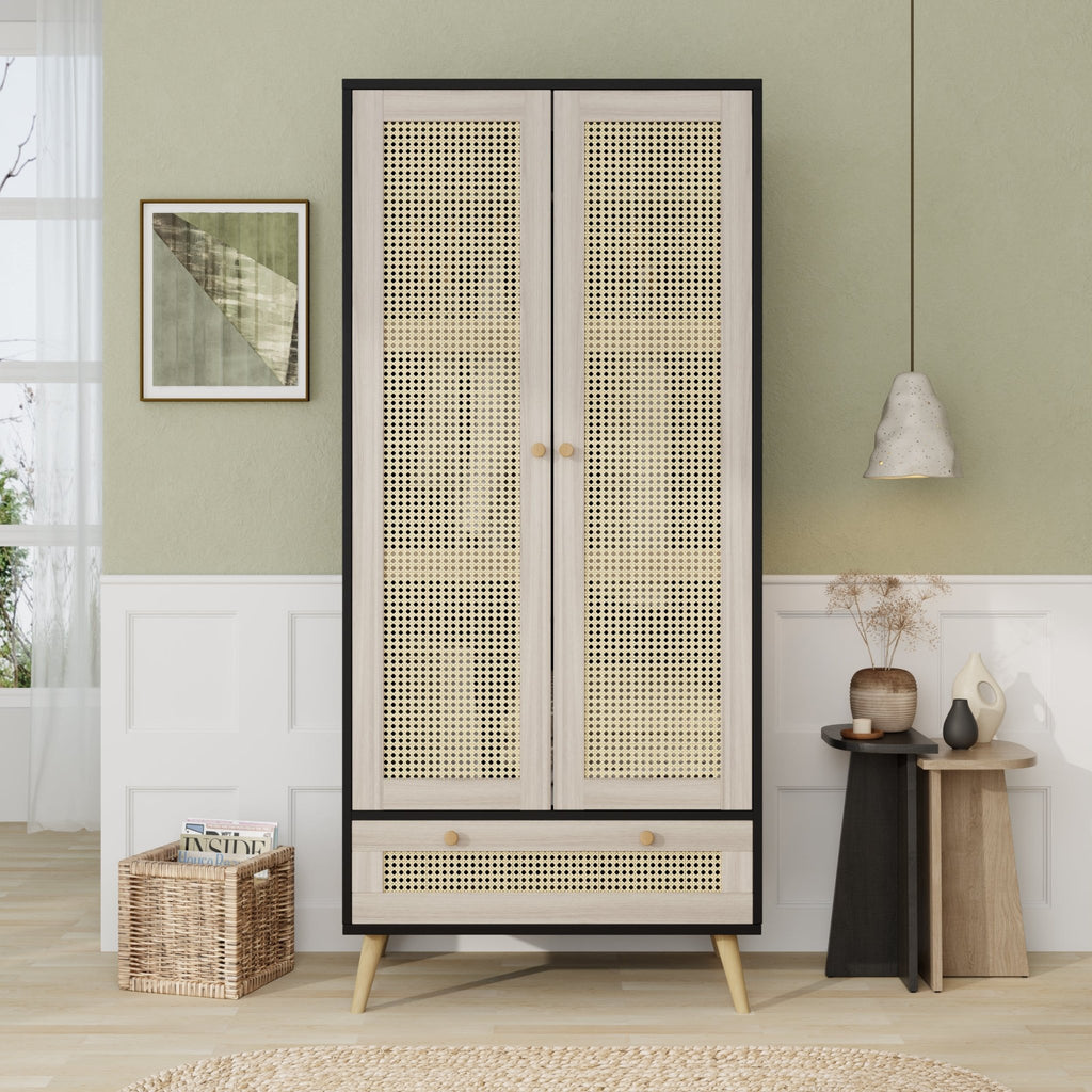 Anthony & Home boho armoire wardrobe with natural black finish and rattan door detail, stylish storage cabinet.