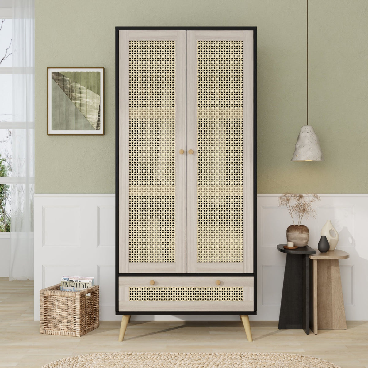 Anthony & Home boho armoire wardrobe with natural black finish and rattan door detail, stylish storage cabinet.