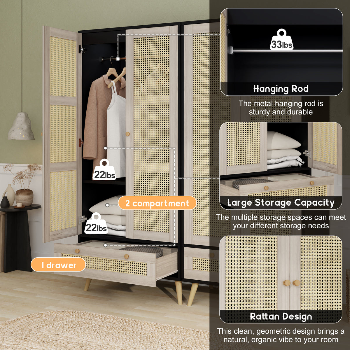 Anthony & Home boho armoire wardrobe with rattan door detail in natural black finish, showcasing stylish storage and rattan accents.