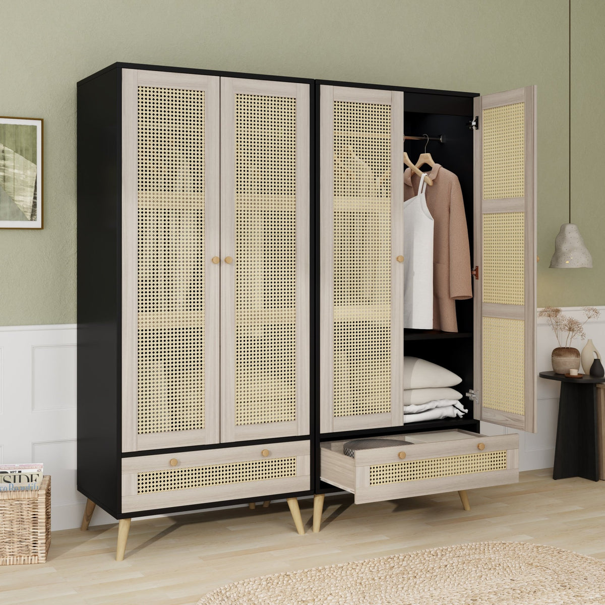 Anthony & Home boho armoire wardrobe with rattan door detail in natural black finish, showcasing a stylish storage solution.