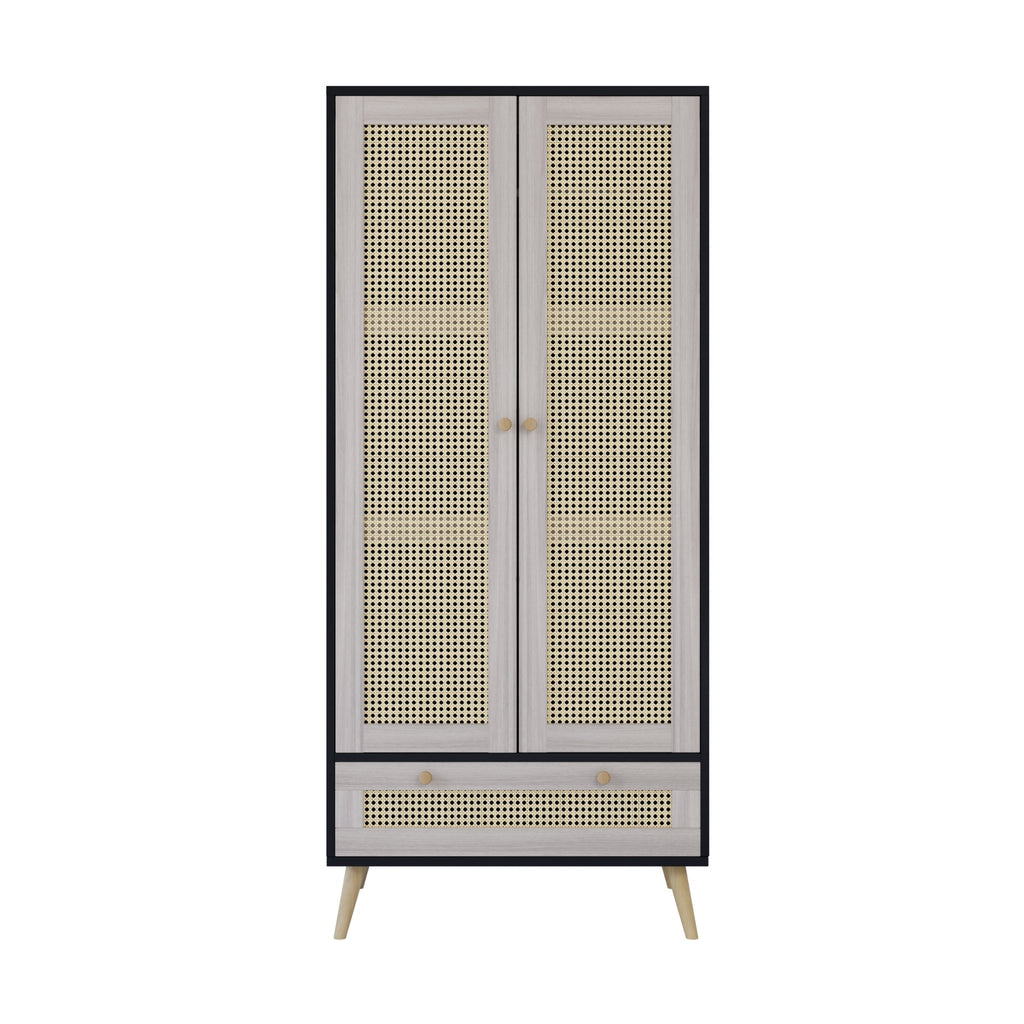 Anthony & Home boho armoire wardrobe with rattan door detail in natural black finish, showcasing stylish storage and design features.