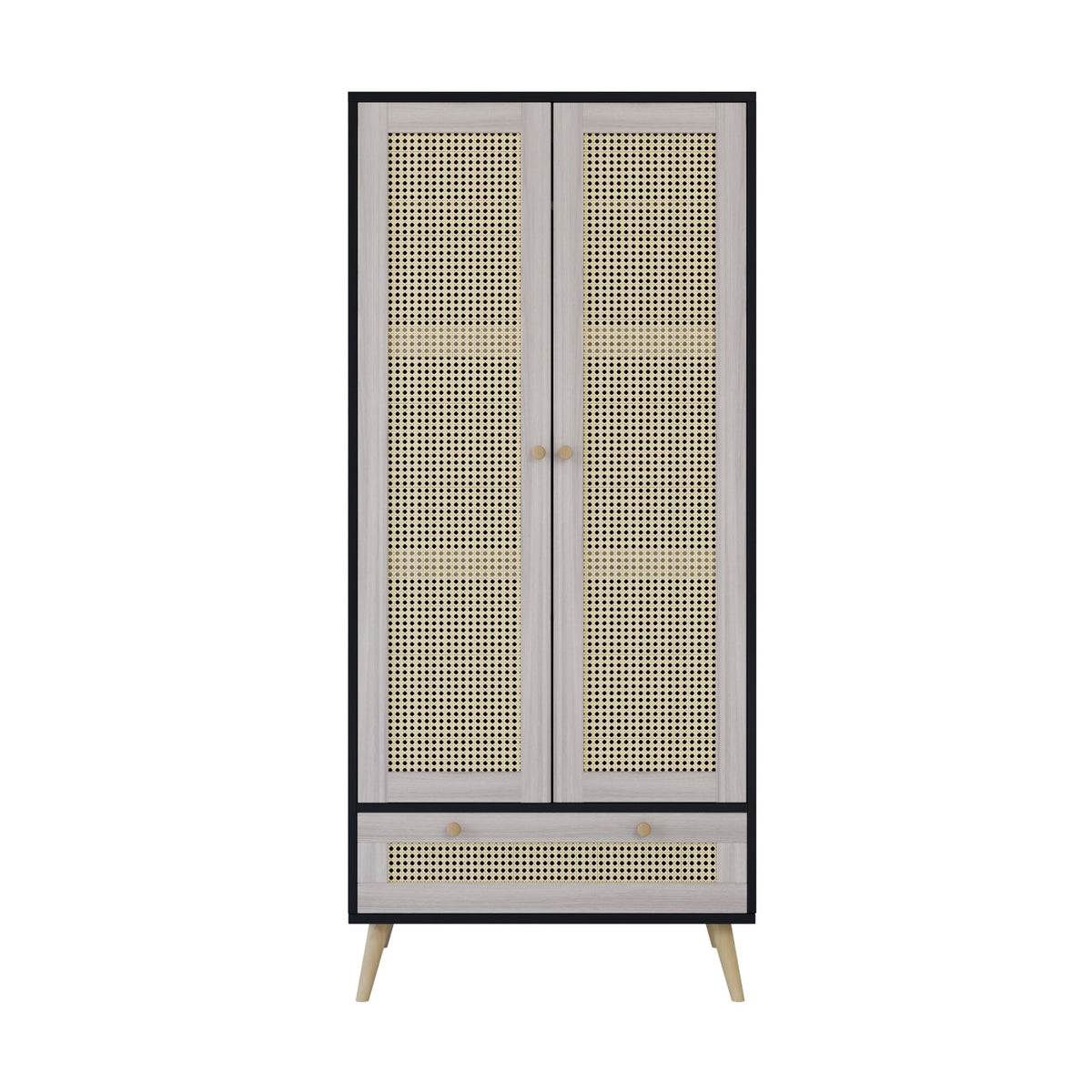 Anthony & Home boho armoire wardrobe with rattan door detail in natural black finish, showcasing stylish storage and design features.