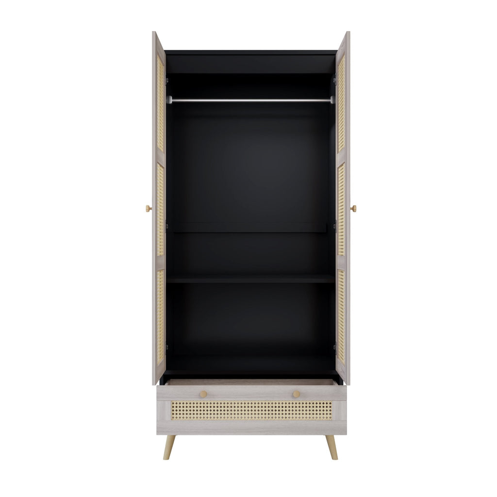 Boho Anthony & Home armoire wardrobe with rattan door detail in natural black finish, showcasing a stylish storage piece.
