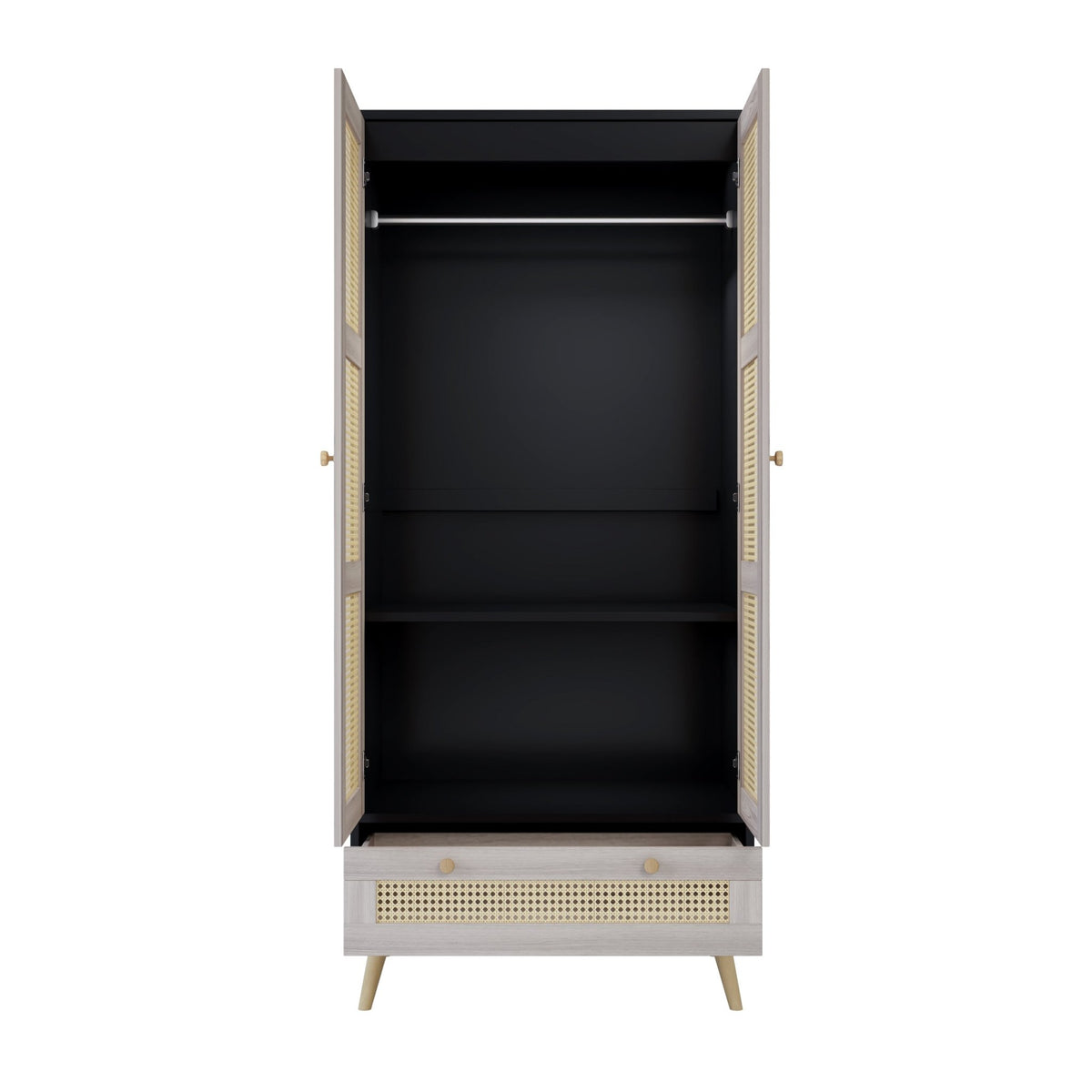 Boho Anthony & Home armoire wardrobe with rattan door detail in natural black finish, showcasing a stylish storage piece.