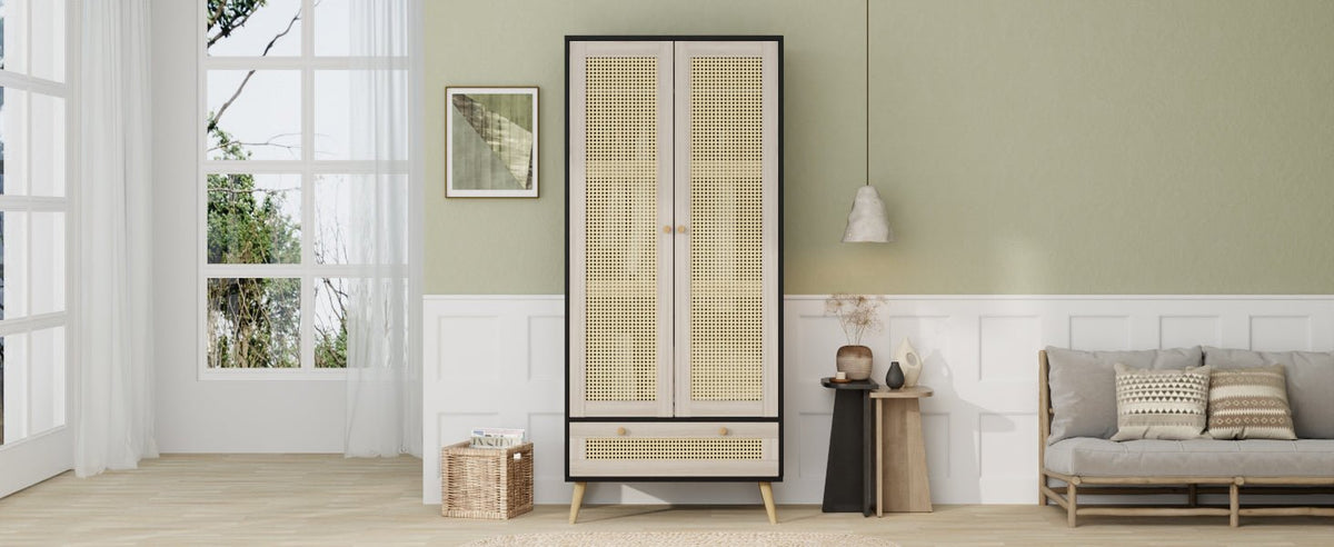 Boho armoire wardrobe with rattan door detail in natural black finish, Anthony & Home limited edition furniture piece.