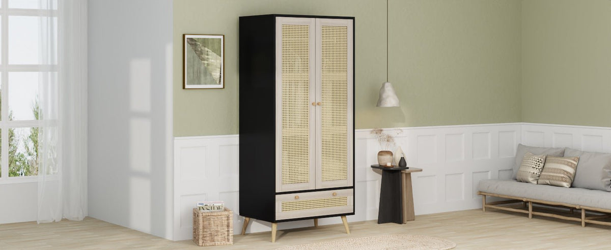 Anthony & Home boho armoire wardrobe with rattan door detail in natural black finish, showcasing stylish storage furniture.