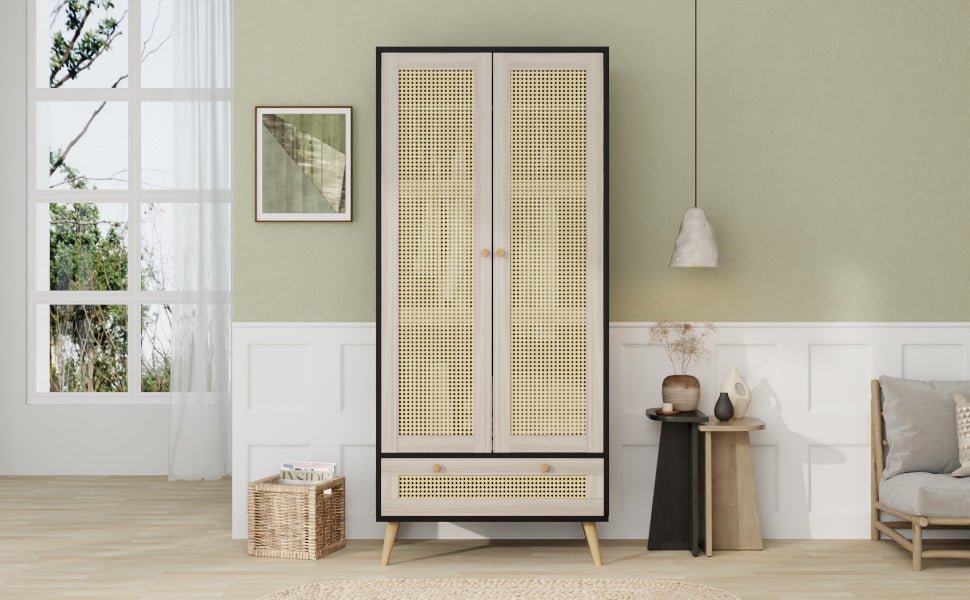 Boho armoire wardrobe by Anthony & Home featuring rattan door detail in natural black finish, stylish storage furniture.