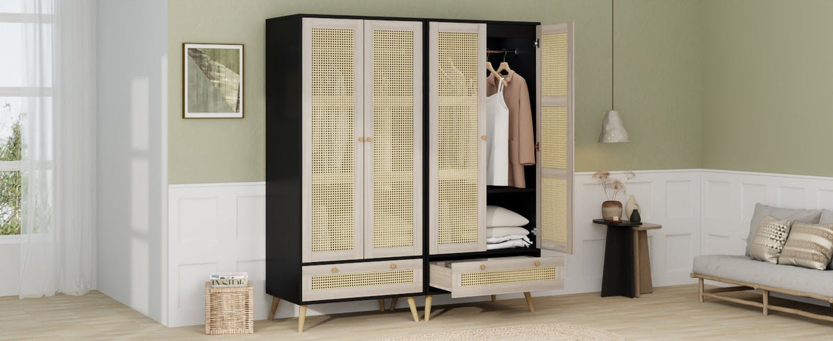 Anthony & Home boho armoire wardrobe with rattan door detail in natural black finish, showcasing stylish storage furniture.