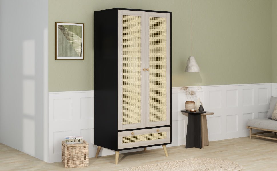 Anthony & Home boho armoire wardrobe with rattan door detail in natural black finish, stylish storage furniture.