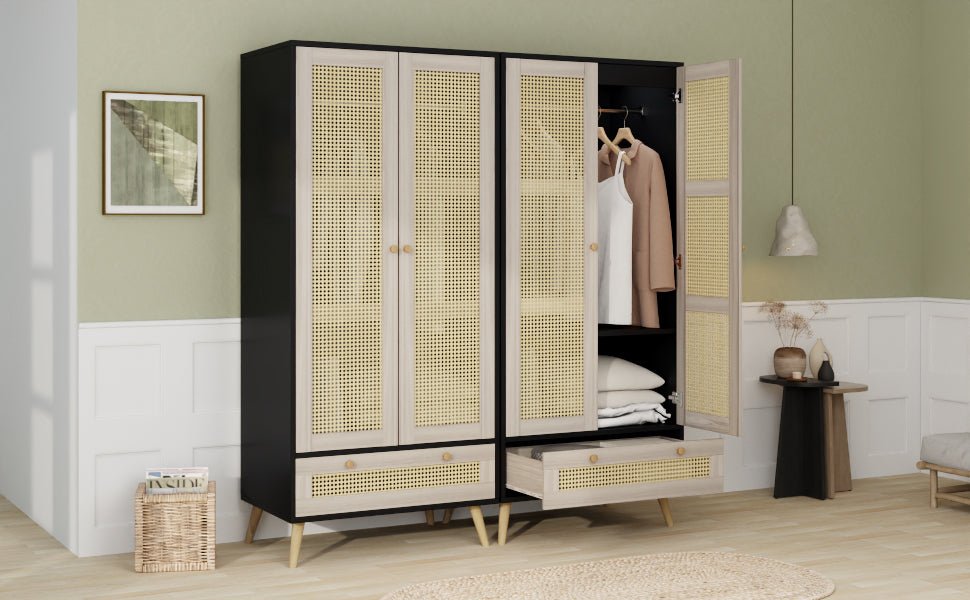 Anthony & Home boho armoire wardrobe with rattan door detail in natural black finish, showcasing stylish storage furniture.