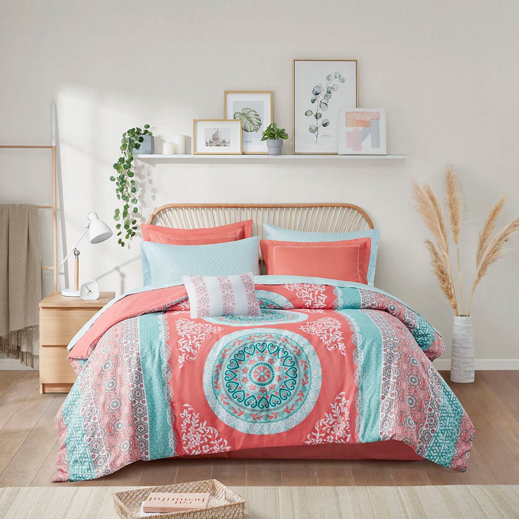 Boho Luxe Coral Medallion comforter set by Anthony & Home featuring intricate coral and medallion patterns on soft bedding fabric.