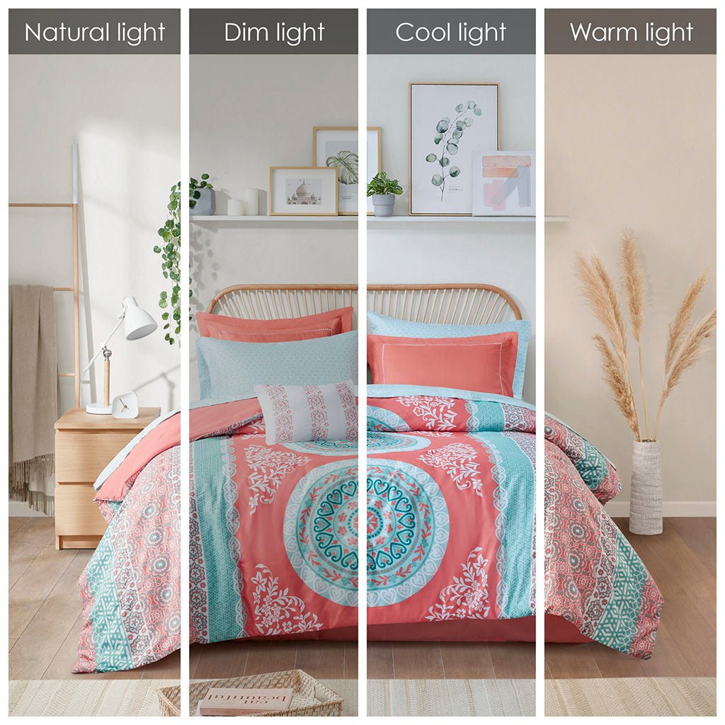 Boho Luxe Coral Medallion comforter set by Anthony & Home featuring intricate coral and medallion patterns in soft, luxurious fabric.