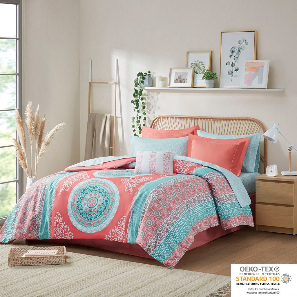 Anthony & Home Boho Luxe Coral Medallion comforter set featuring intricate medallion patterns and vibrant coral colors.