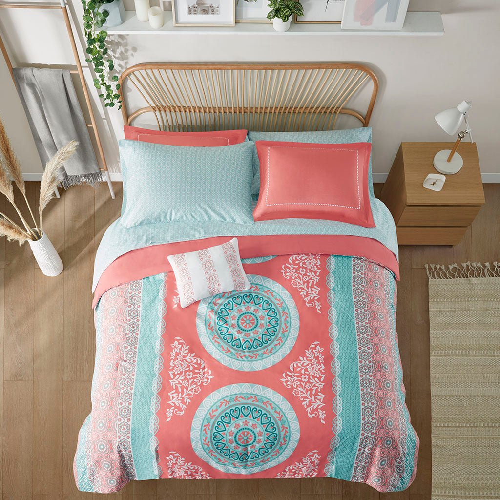 Anthony & Home Boho Luxe Coral Medallion comforter set with intricate pattern and vibrant coral color on soft fabric.
