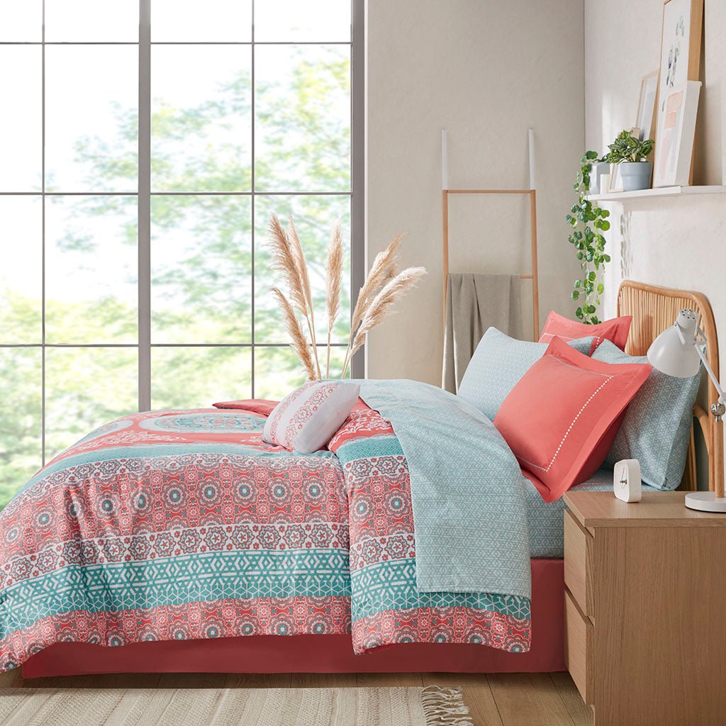 Boho Luxe Coral Medallion Comforter Set by Anthony & Home featuring intricate medallion patterns on a plush bedding ensemble