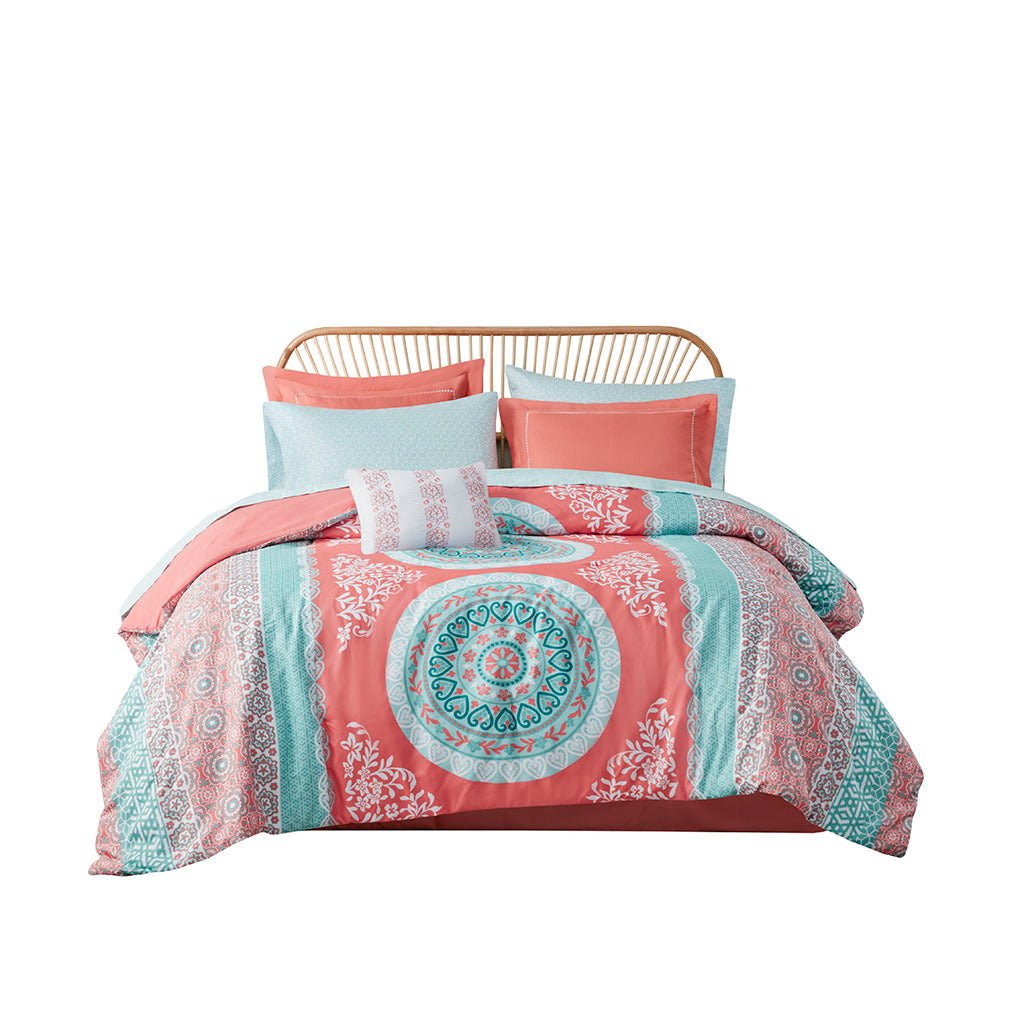 Anthony & Home Boho Luxe Coral Medallion comforter set with intricate patterns and vibrant colors on a neatly made bed.