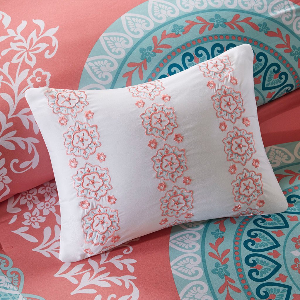 Boho Luxe Coral Medallion comforter set by Anthony & Home, featuring intricate medallion patterns and vibrant coral tones.