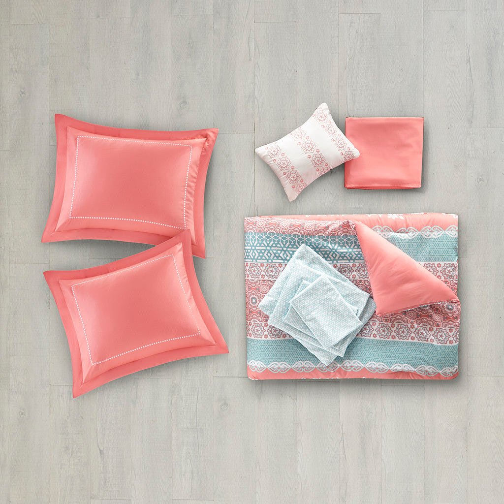 Anthony & Home Boho Luxe Coral Medallion comforter set with intricate coral and medallion patterns on soft bedding fabric.