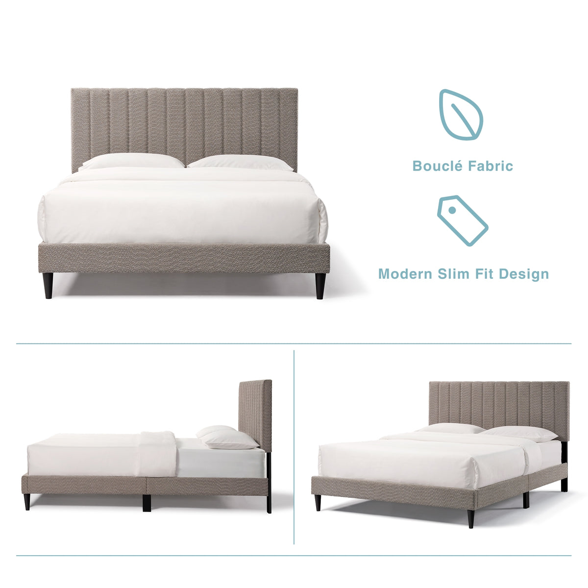 Anthony & Home Boucle Queen Platform Bed Frame in limited edition with plush boucle upholstery and sturdy wooden legs.