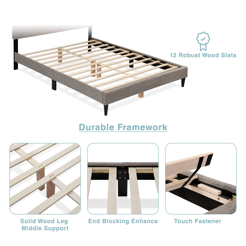 Boucle Queen Platform Bed Frame by Anthony & Home featuring a luxurious boucle fabric and sturdy wooden legs.