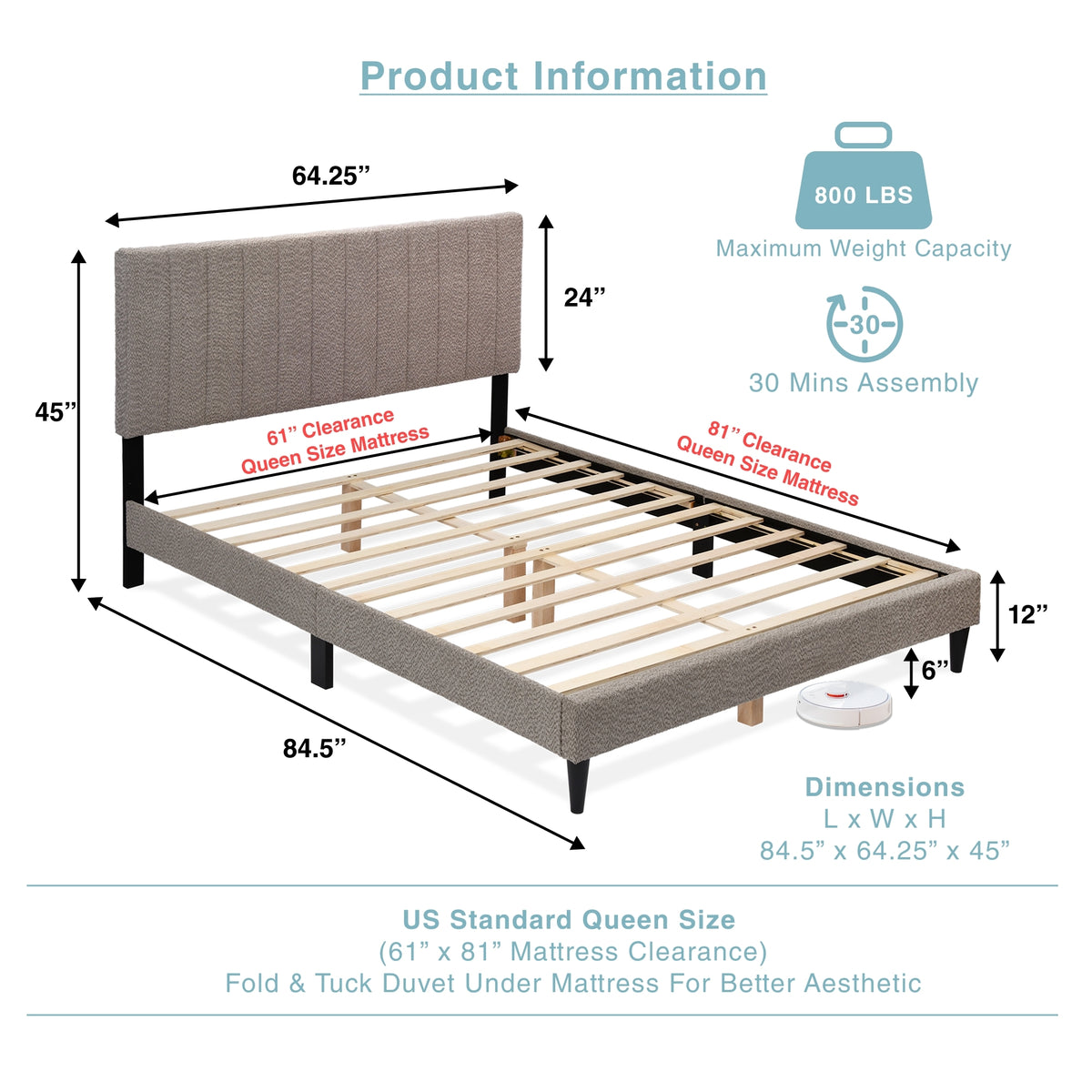 Boucle Queen platform bed frame by Anthony & Home with a plush, textured boucle fabric and a modern, sturdy design.