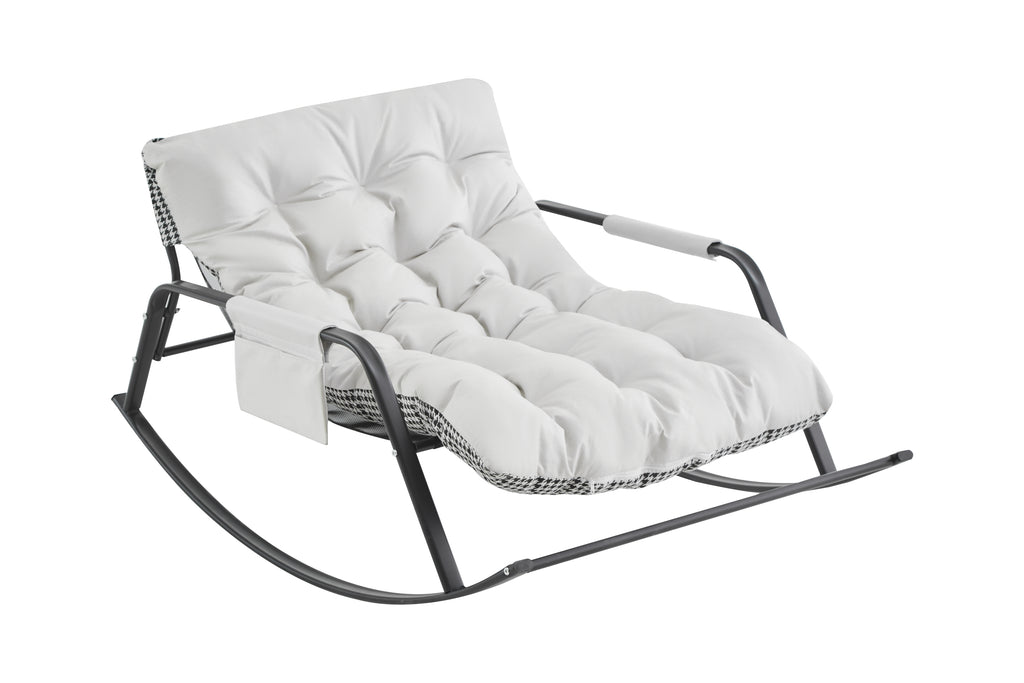 White boucle rocking chair from Anthony & Home's Atelier Collection, featuring soft textured upholstery and modern design.