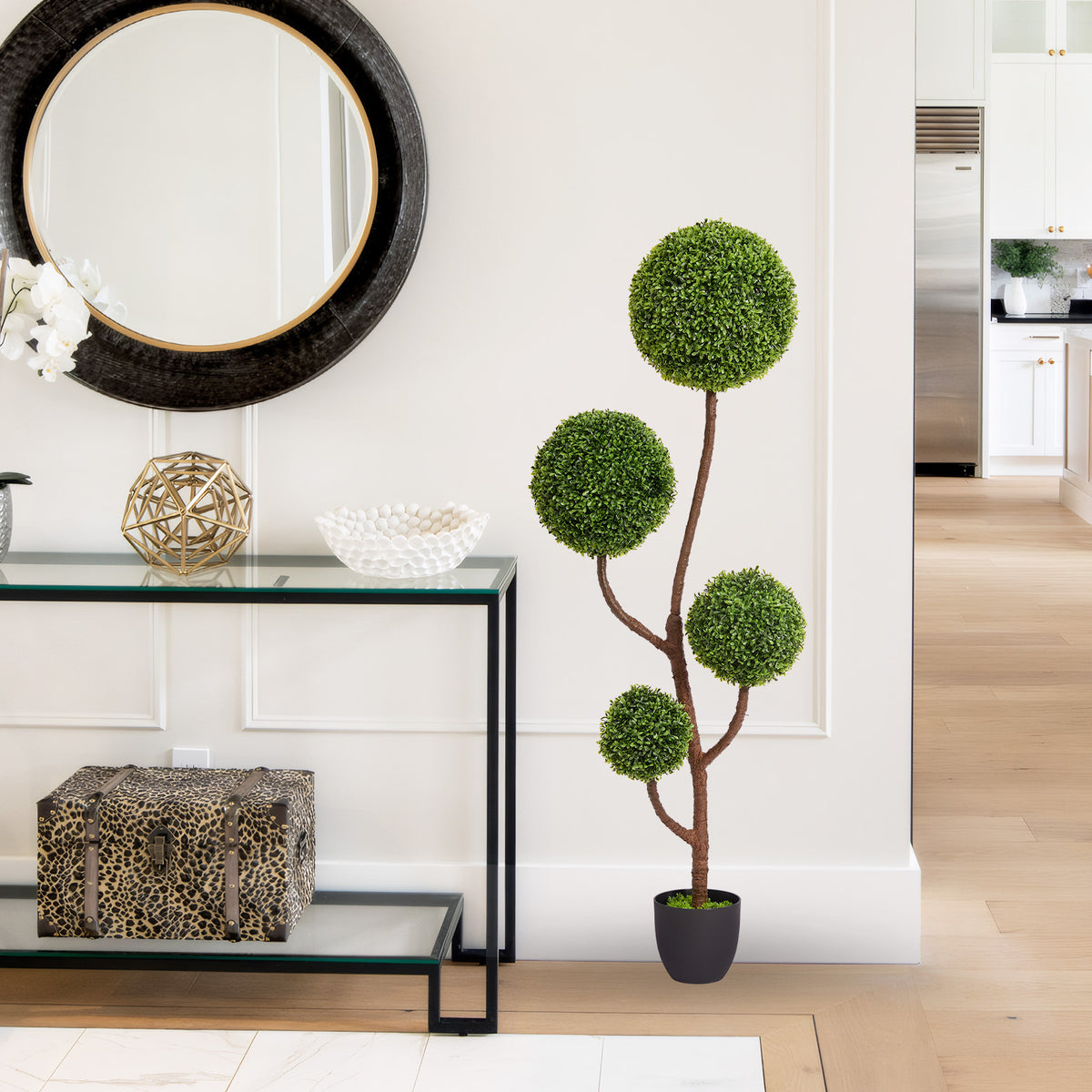 Anthony & Home Boxwood Topiary Tree Triple Ball 59-inch outdoor decorative plant in a pot with lush green foliage.