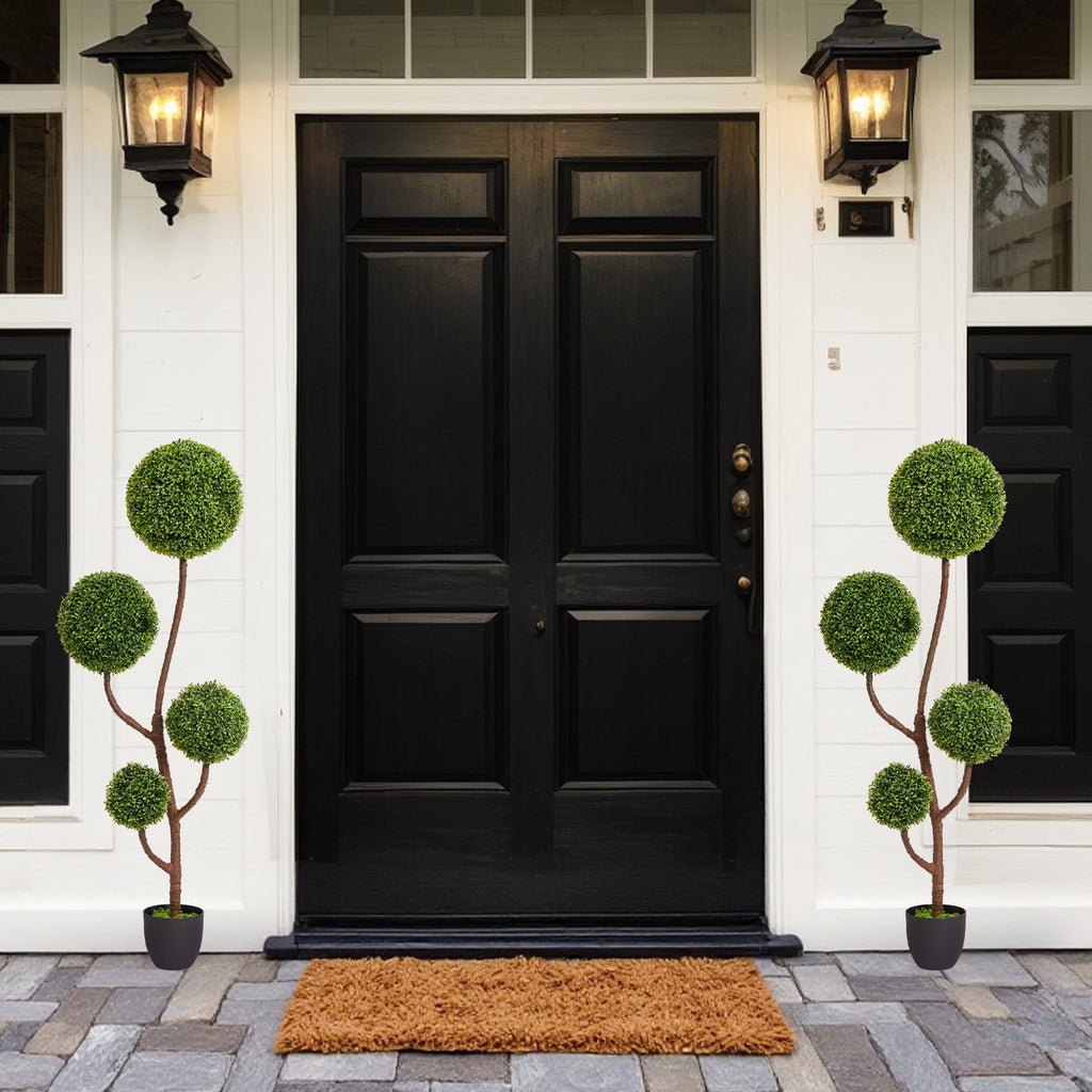 Boxwood topiary tree with triple ball shape, 59 inches tall, from Anthony & Home, featuring lush green foliage in a decorative garden setting.
