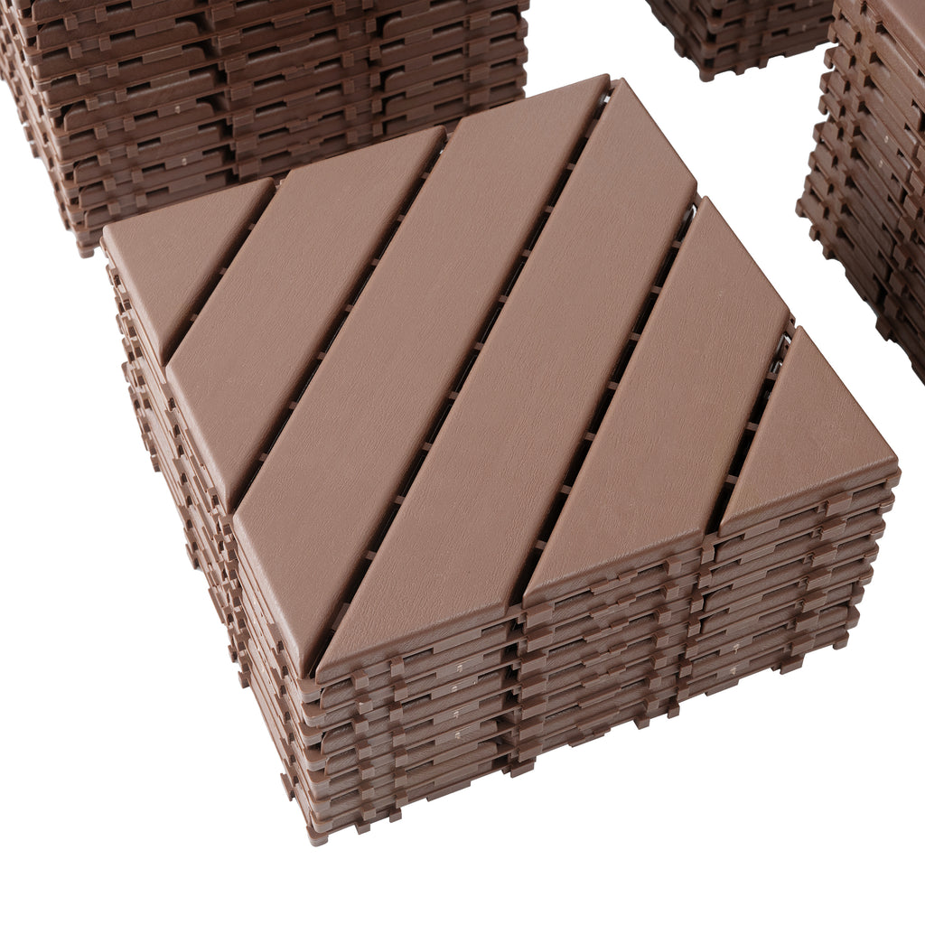 Brown Anthony & Home polypropylene interlocking deck tiles arranged outdoors on a wooden patio.