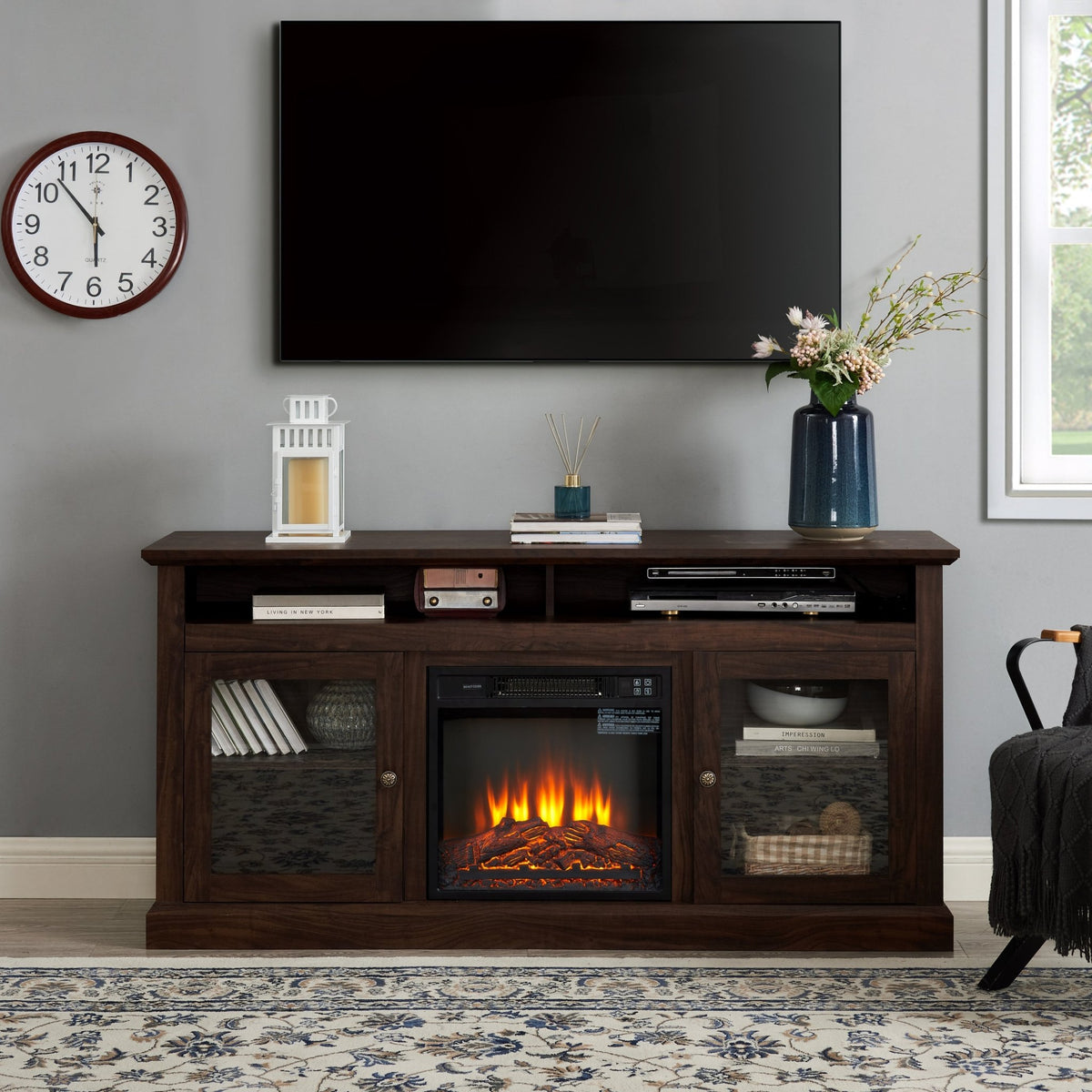 Brown MDF contemporary 65-inch fireplace-inset TV console by Anthony & Home with sleek modern design and open shelving.