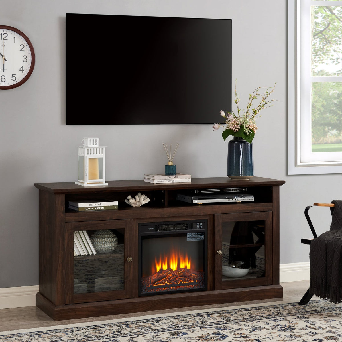Brown MDF contemporary 65-inch fireplace-inset TV console by Anthony & Home, featuring modern design and built-in fireplace.