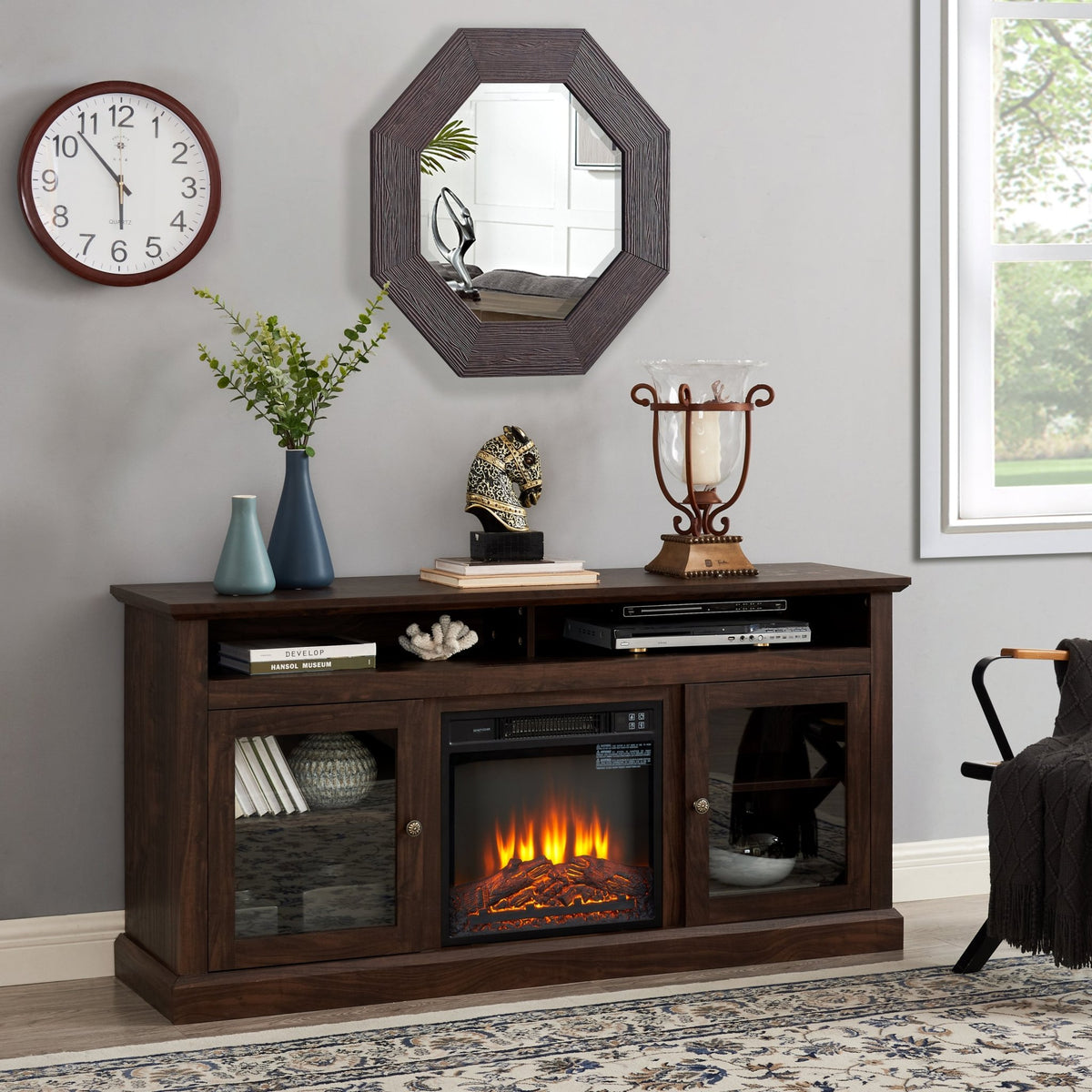 Brown MDF contemporary 65-inch fireplace-inset TV console by Anthony & Home with modern design and storage compartments