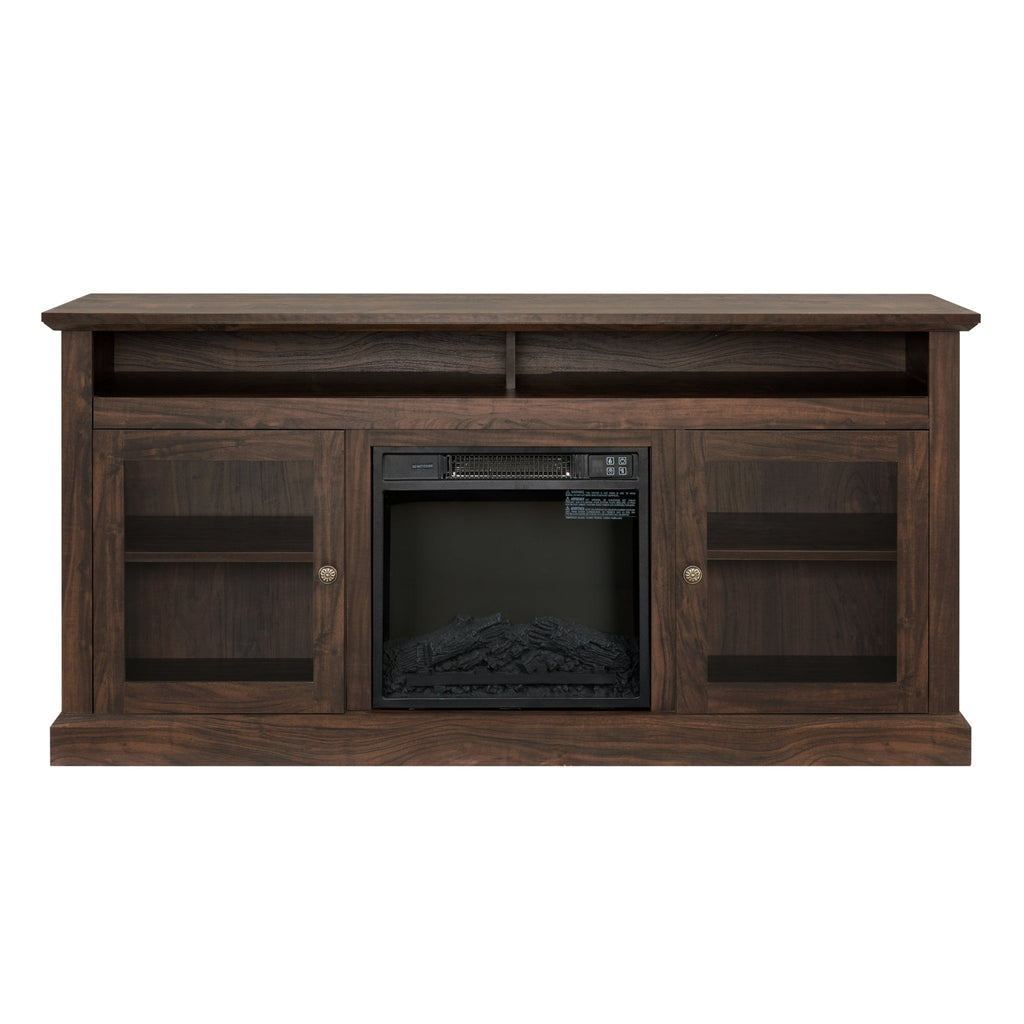 Brown MDF contemporary fireplace-inset TV console, 65-inch Anthony & Home media unit with sleek modern design and built-in fireplace feature.