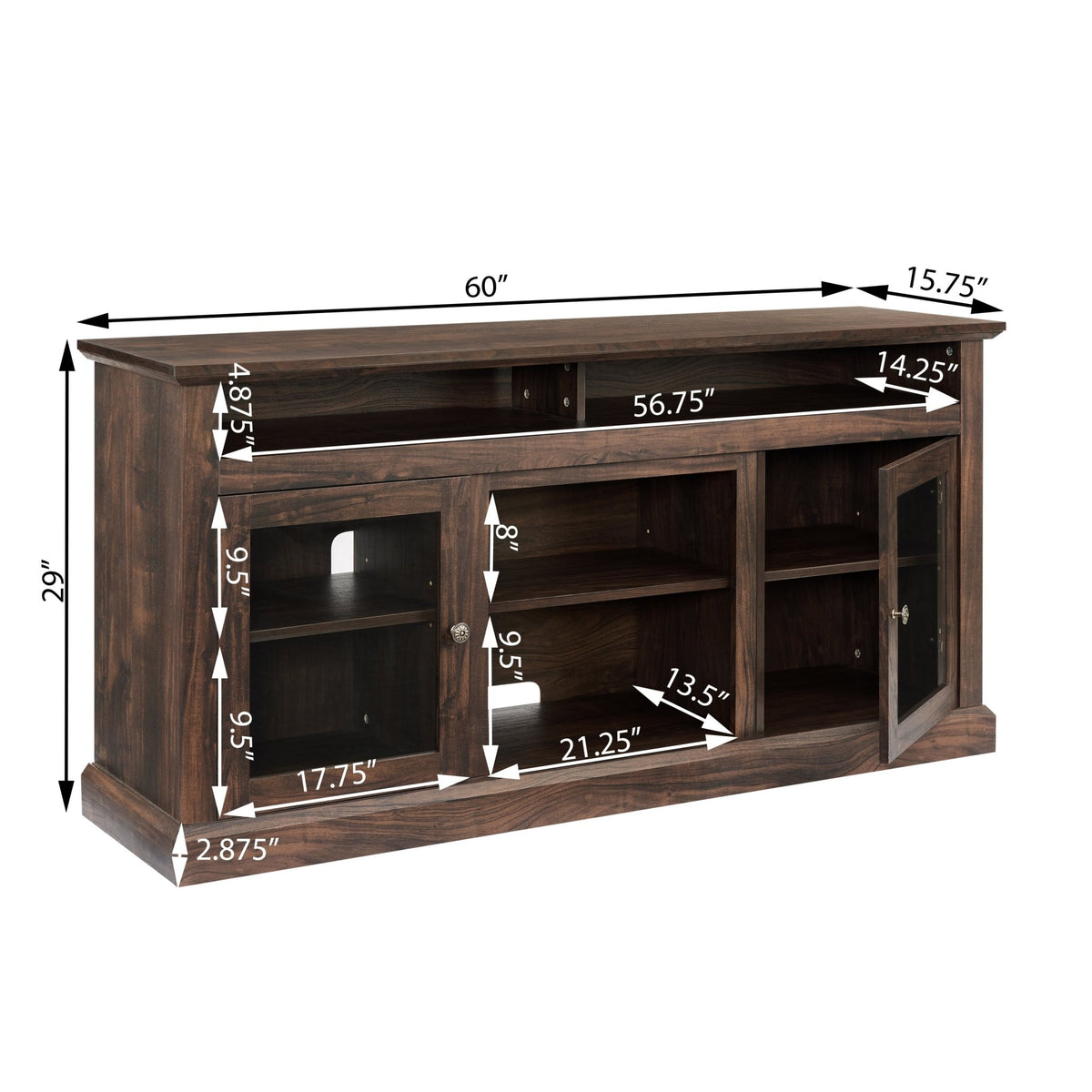 Brown MDF contemporary fireplace-inset TV console, 65-inch size, with open shelving and modern design from Anthony & Home.