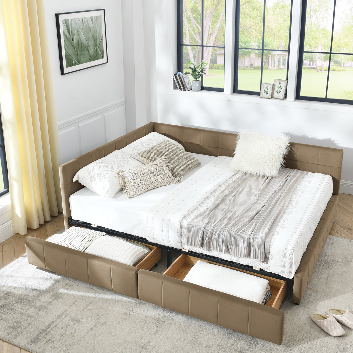 Brown velvet tufted queen-size storage bed from Anthony & Home's mid-century collection, featuring a luxurious upholstered design.