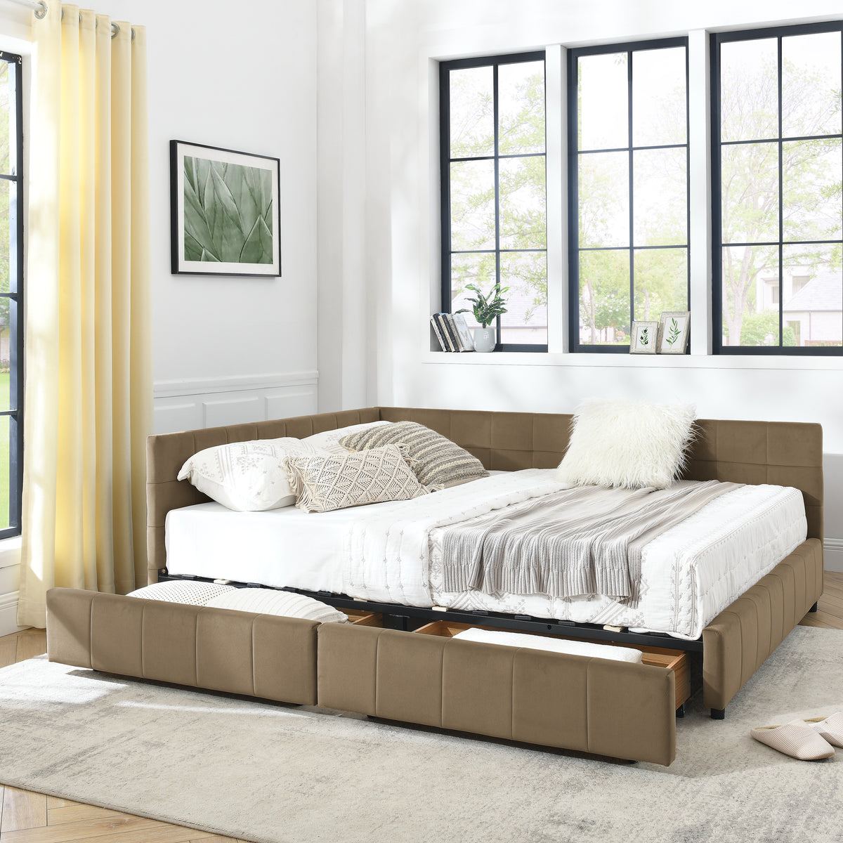 Brown velvet tufted queen-size storage bed from Anthony & Home's mid-century collection, featuring a sleek, cozy design with storage drawers.