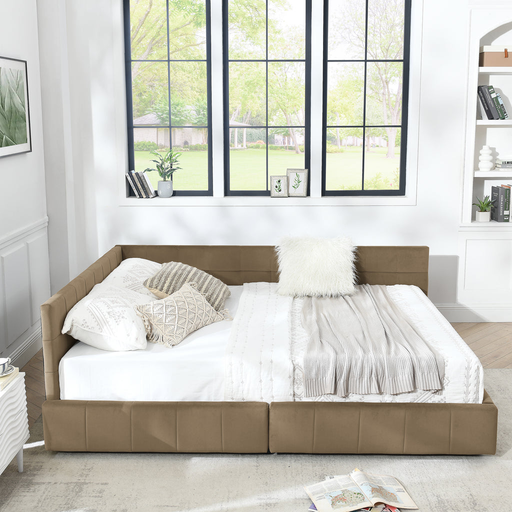 Brown velvet tufted queen-size storage bed from Anthony & Home's mid-century collection, featuring a plush headboard and storage drawers.