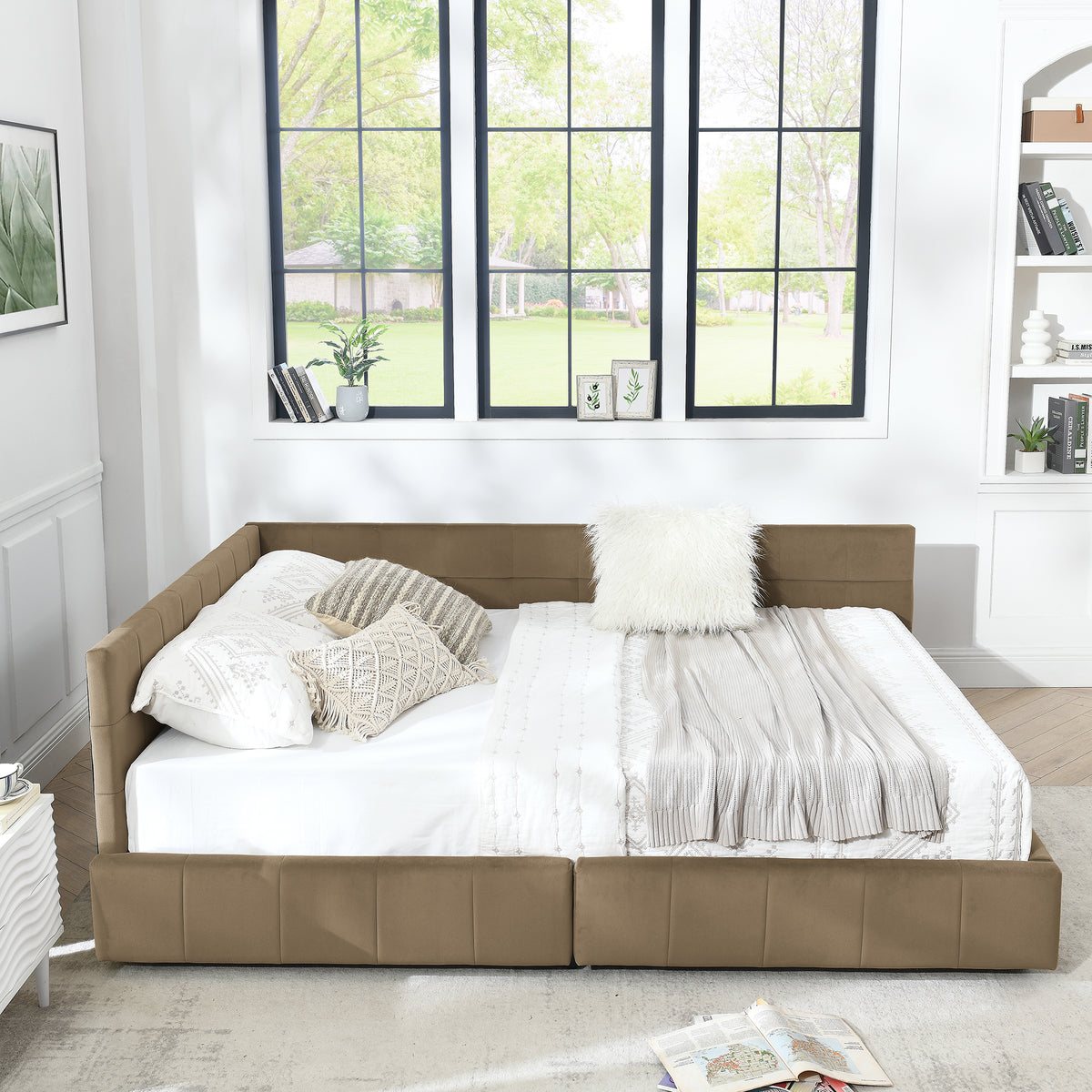 Brown velvet tufted queen-size storage bed from Anthony & Home's mid-century collection, featuring a plush headboard and storage drawers.