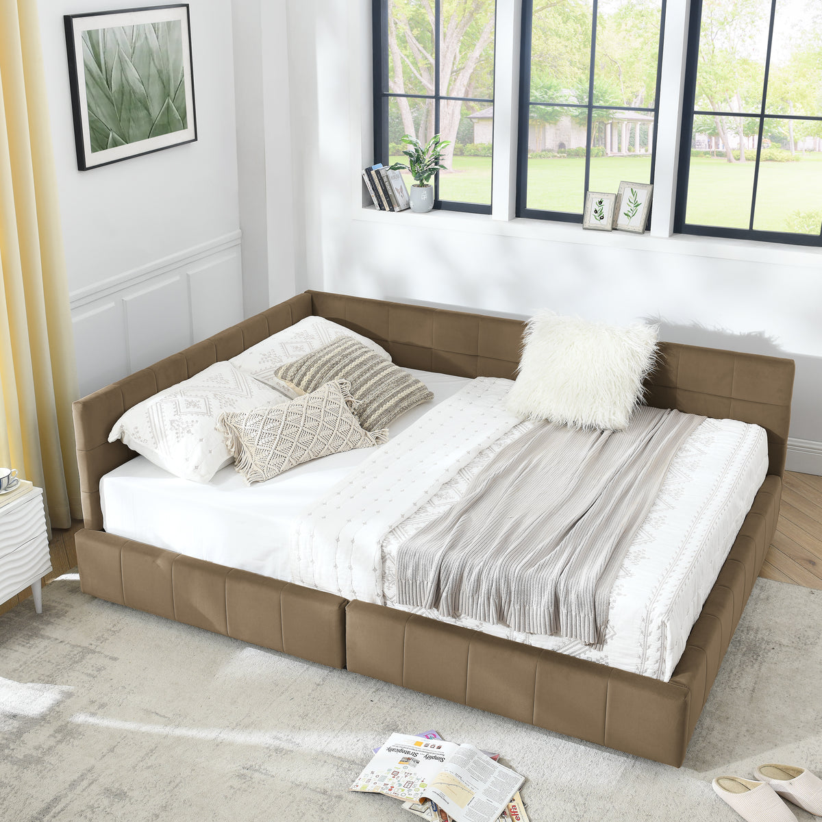 Brown velvet tufted queen-size storage bed from Anthony & Home's mid-century collection, featuring elegant button-tufted headboard and storage drawers