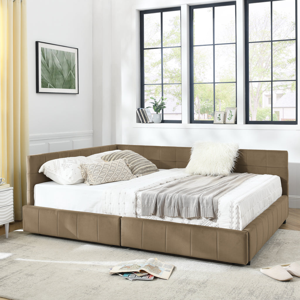 Brown velvet tufted queen-size storage bed from Anthony & Home's mid-century collection, featuring a plush, tufted headboard and storage drawers.