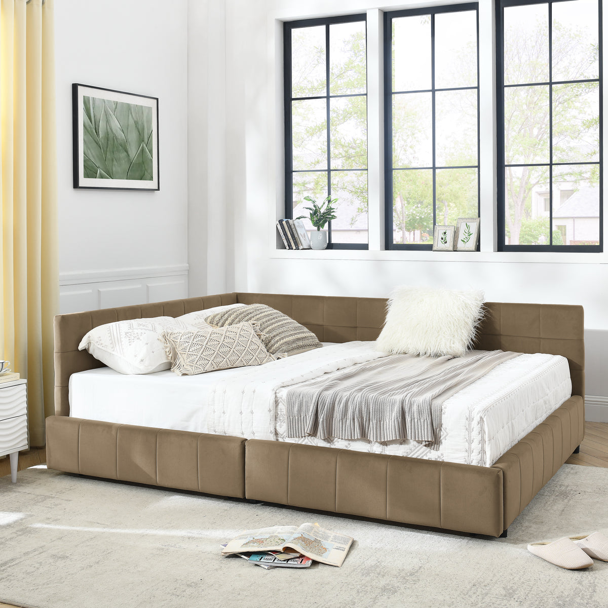 Brown velvet tufted queen-size storage bed from Anthony & Home's mid-century collection, featuring a plush, tufted headboard and storage drawers.