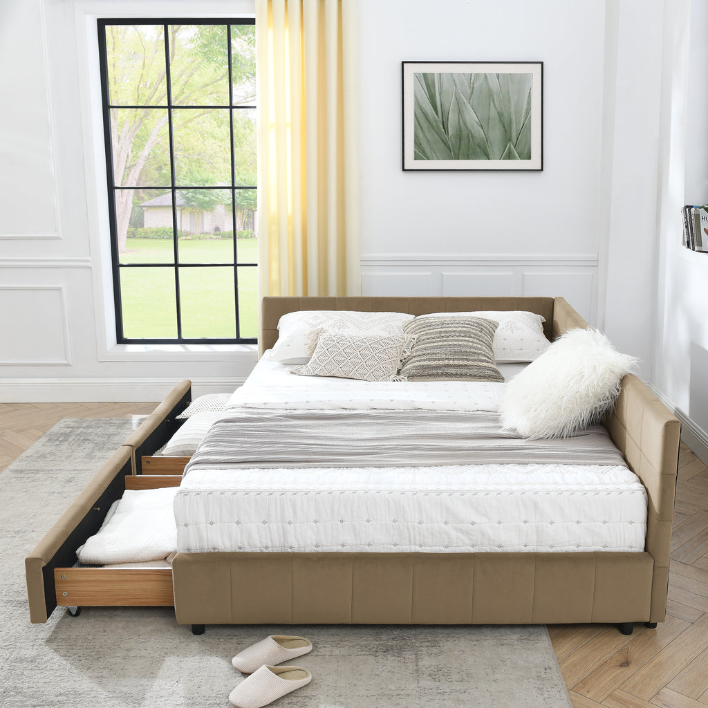 Brown velvet tufted queen-size storage bed from Anthony & Home's mid-century collection, featuring a stylish and functional design.
