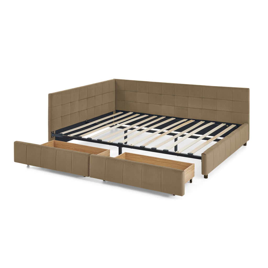 Brown velvet tufted queen-size storage bed from Anthony & Home's mid-century collection, featuring a luxurious, upholstered design.
