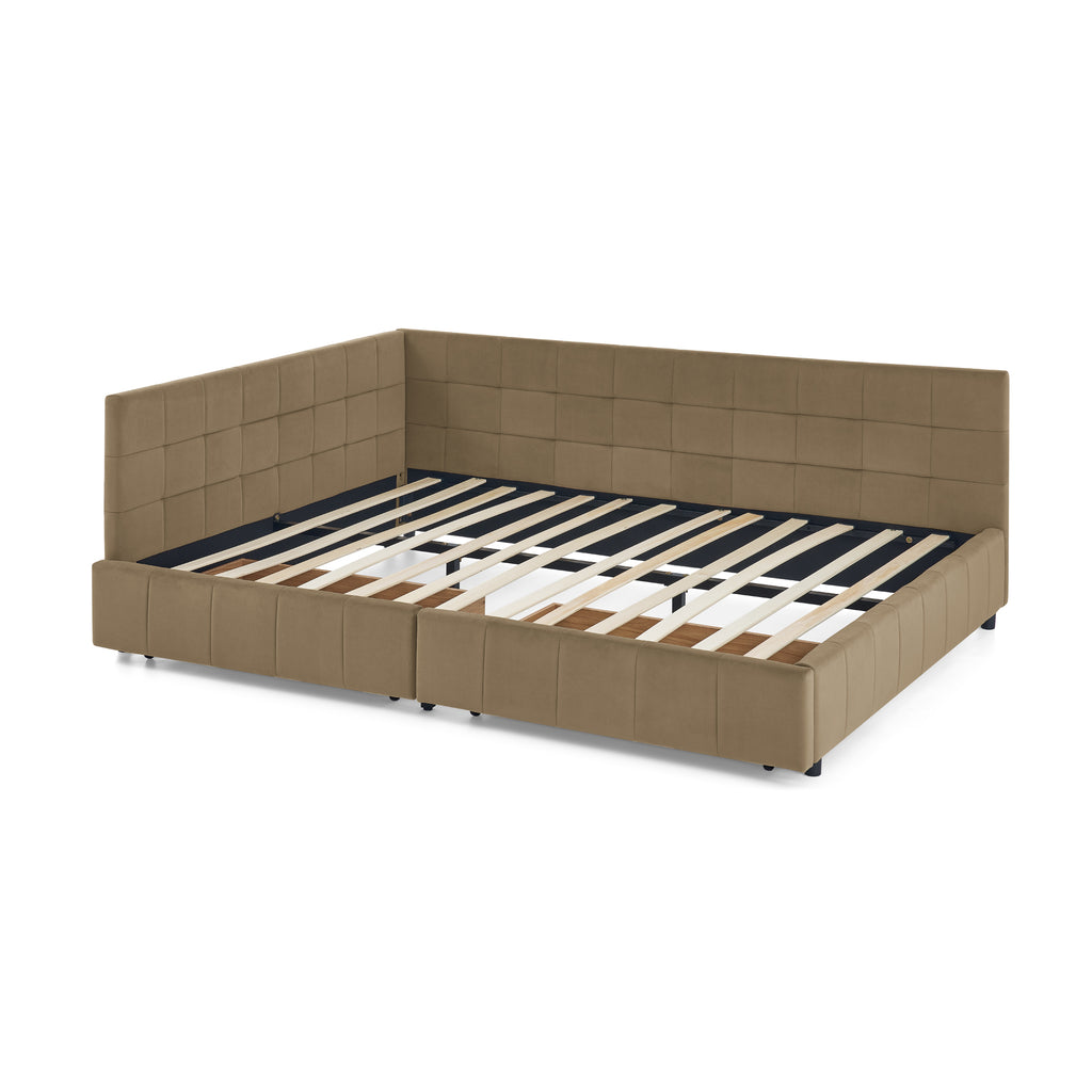 Anthony & Home brown velvet tufted queen-size storage bed from the Mid-Century Collection with a stylish and elegant design.