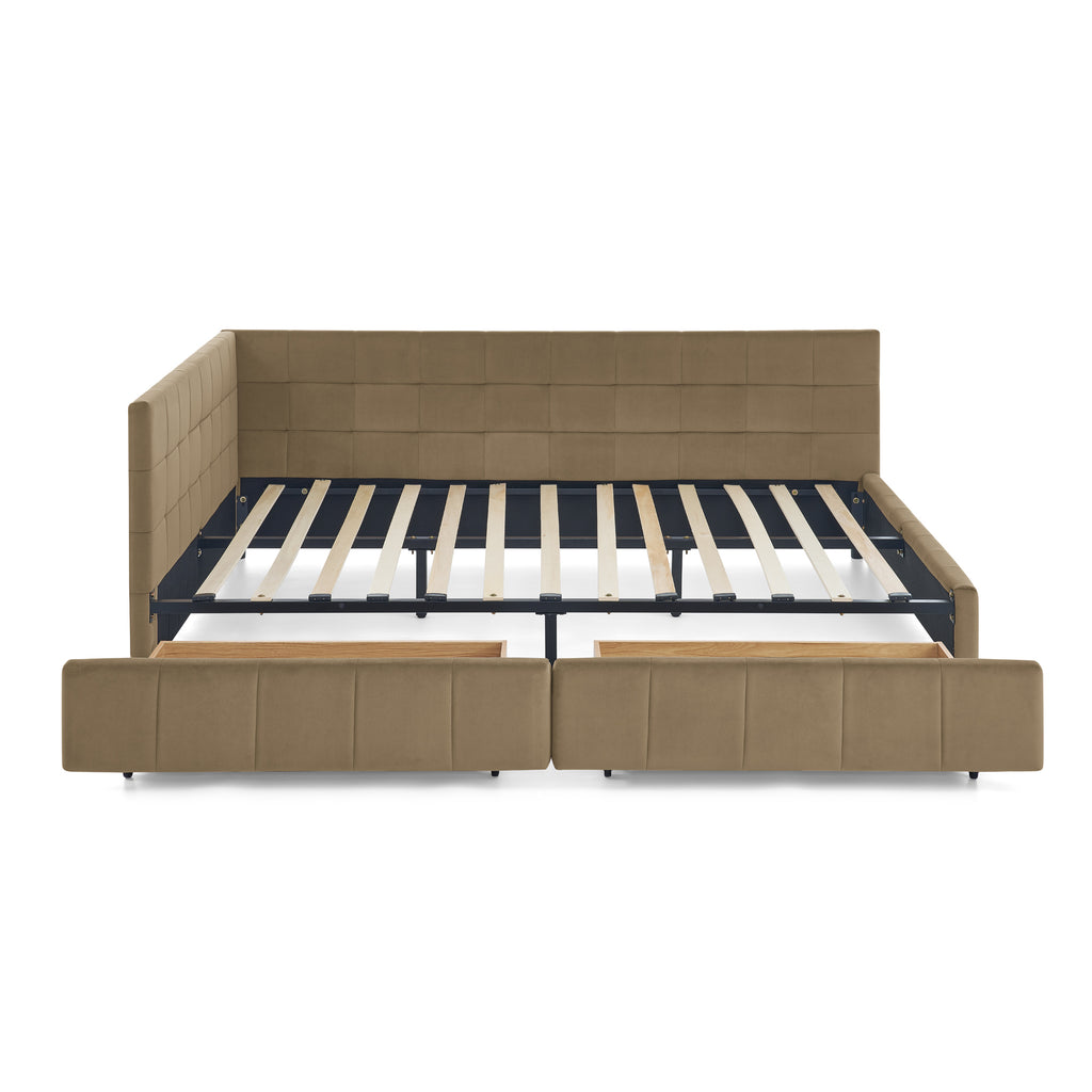 Brown velvet tufted queen-size storage bed from Anthony & Home's mid-century collection, featuring a sleek, elegant design.