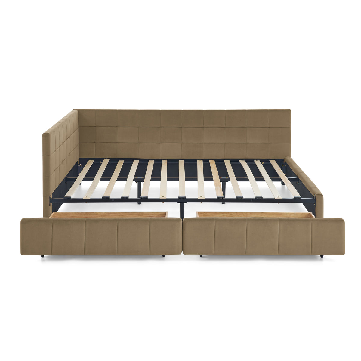 Brown velvet tufted queen-size storage bed from Anthony & Home's mid-century collection, featuring a sleek, elegant design.