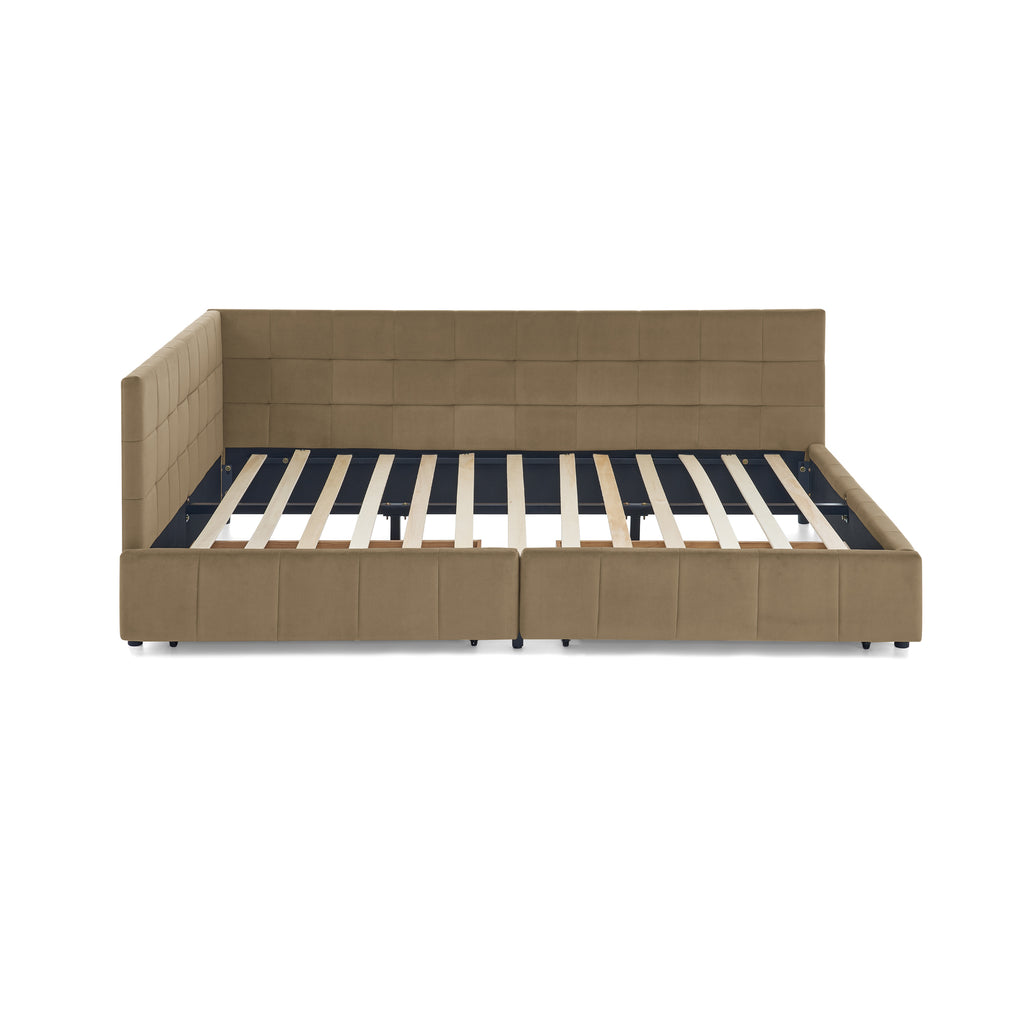 Brown velvet tufted queen-size storage bed from Anthony & Home's Mid-Century Collection, featuring a sleek, elegant design with built-in storage.