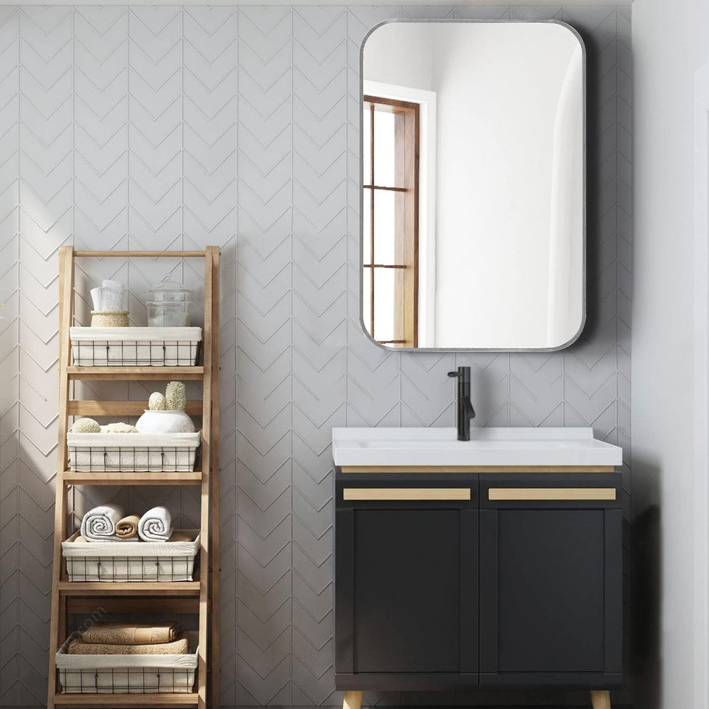 Brushed aluminum bathroom mirror 24x36 inches from Anthony & Home collection, wall-mounted with sleek modern design.