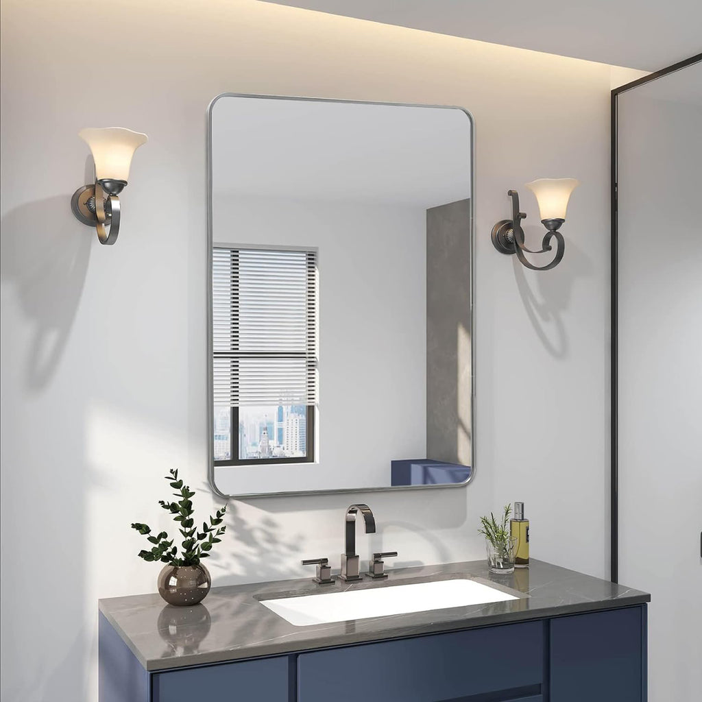 Brushed aluminum bathroom mirror 24x36 inches from Anthony & Home collection, wall-mounted with sleek modern design.