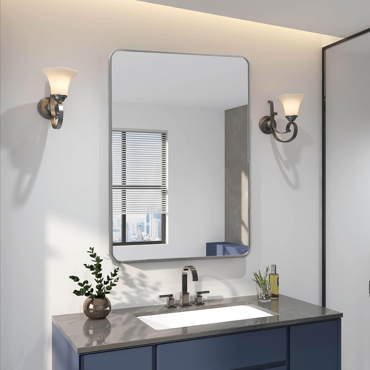 Brushed aluminum bathroom mirror 24x36 inches from Anthony & Home collection, wall-mounted with sleek modern design.
